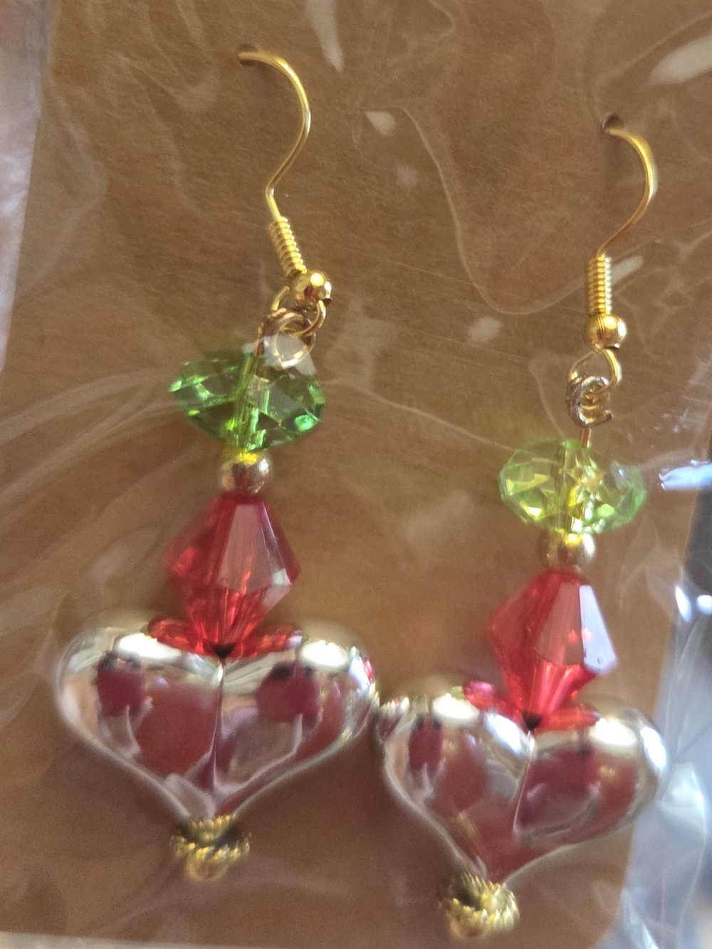 Red and Green Heart Drop Earrings - Gold Tone Hooks
